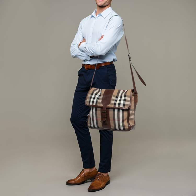 Pre Owned Burberry Brown/Beige Beige House Check Canvas and Leather Messenger Bag