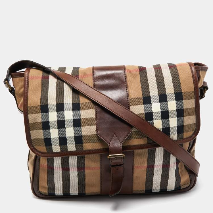 Pre Owned Burberry Brown/Beige Beige House Check Canvas and Leather Messenger Bag