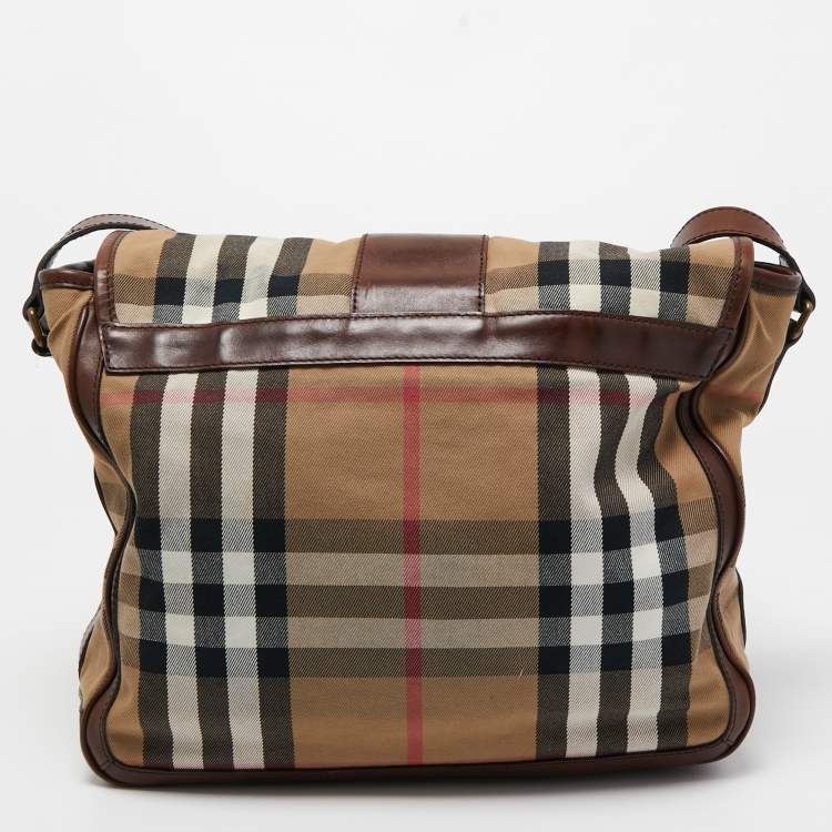 Pre Owned Burberry Brown/Beige Beige House Check Canvas and Leather Messenger Bag