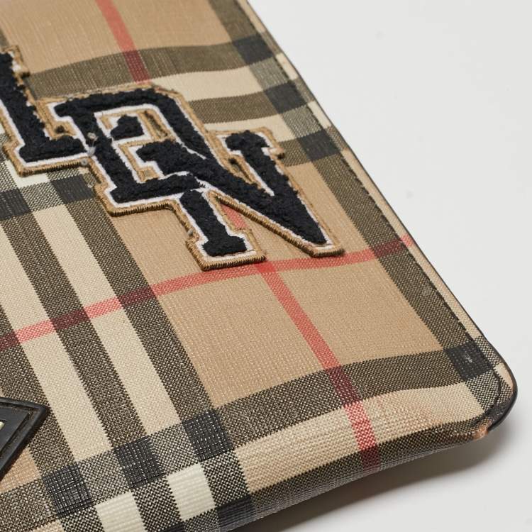 Pre Owned Burberry Beige/Black House Check PVC and Leather Patchwork Wristlet Pouch
