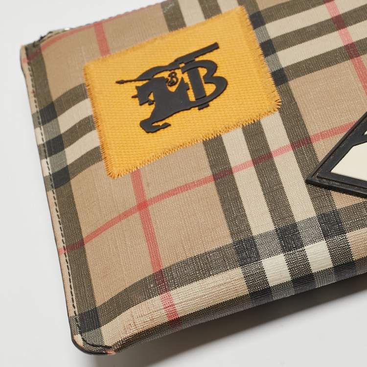 Pre Owned Burberry Beige/Black House Check PVC and Leather Patchwork Wristlet Pouch