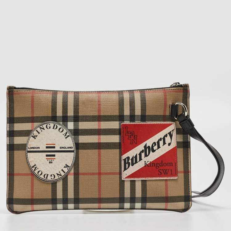 Pre Owned Burberry Beige/Black House Check PVC and Leather Patchwork Wristlet Pouch