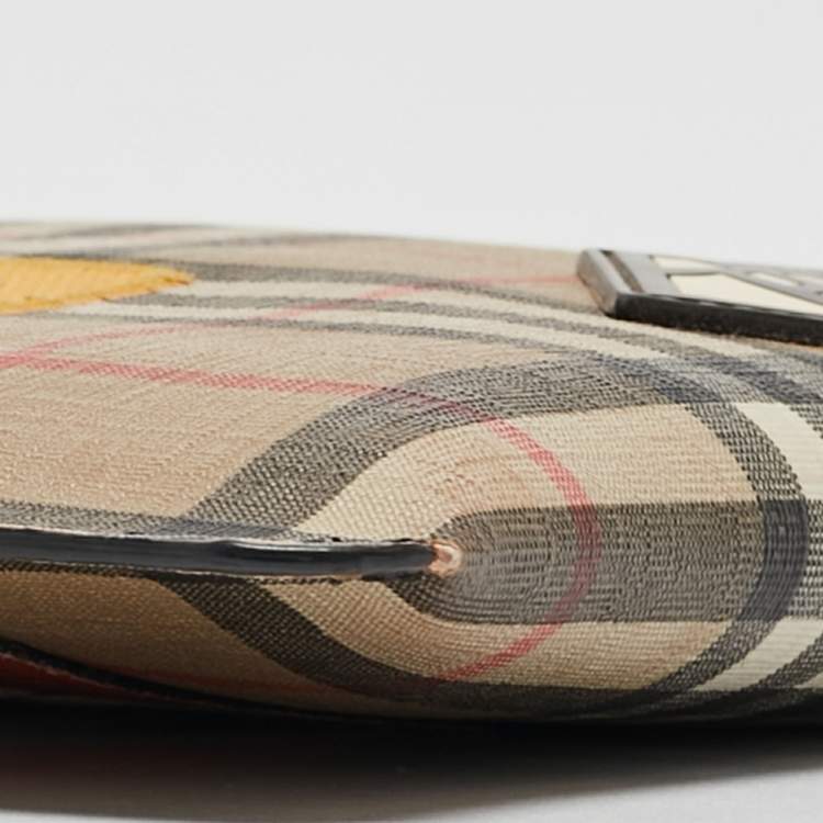 Pre Owned Burberry Beige/Black House Check PVC and Leather Patchwork Wristlet Pouch