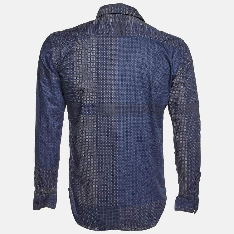 Pre Owned Burberry Navy Blue Printed Cotton Button Down Shirt S