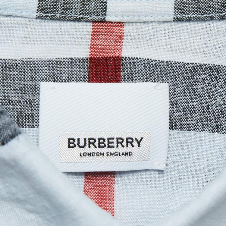 Pre Owned Burberry Blue Checked Linen Short Sleeve Shirt XL