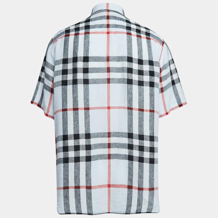 Pre Owned Burberry Blue Checked Linen Short Sleeve Shirt XL