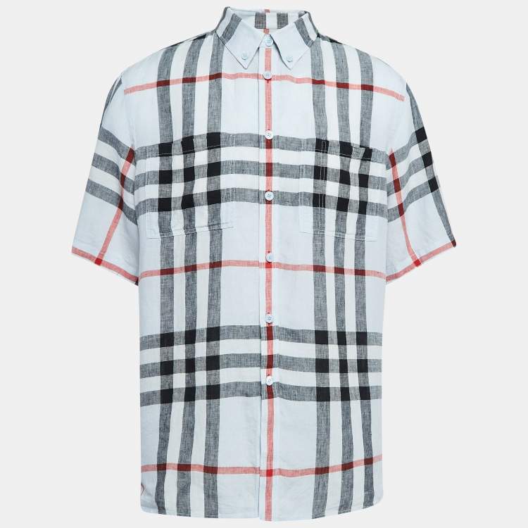 Pre Owned Burberry Blue Checked Linen Short Sleeve Shirt XL