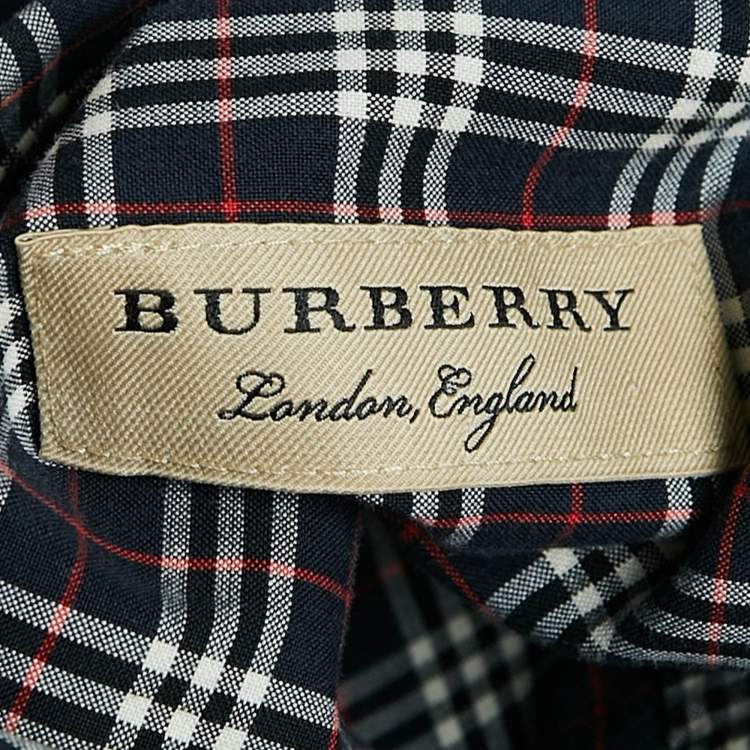Pre Owned Burberry Navy Blue Plaid Cotton Button-Down Shirt XXL
