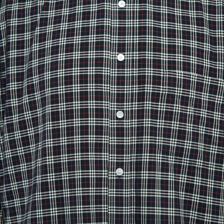 Pre Owned Burberry Navy Blue Plaid Cotton Button-Down Shirt XXL