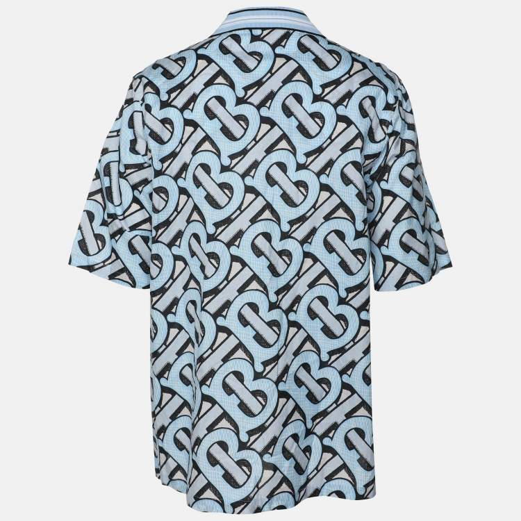 Pre Owned Burberry Blue TB Logo Monogram Cotton & Knit Collar Detail Bowling Shirt XL