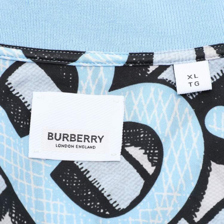 Pre Owned Burberry Blue TB Logo Monogram Cotton & Knit Collar Detail Bowling Shirt XL