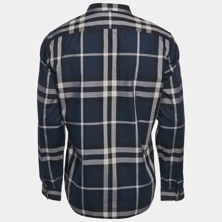 Pre Owned Burberry Navy Blue Plaid Cotton Button Down Shirt L