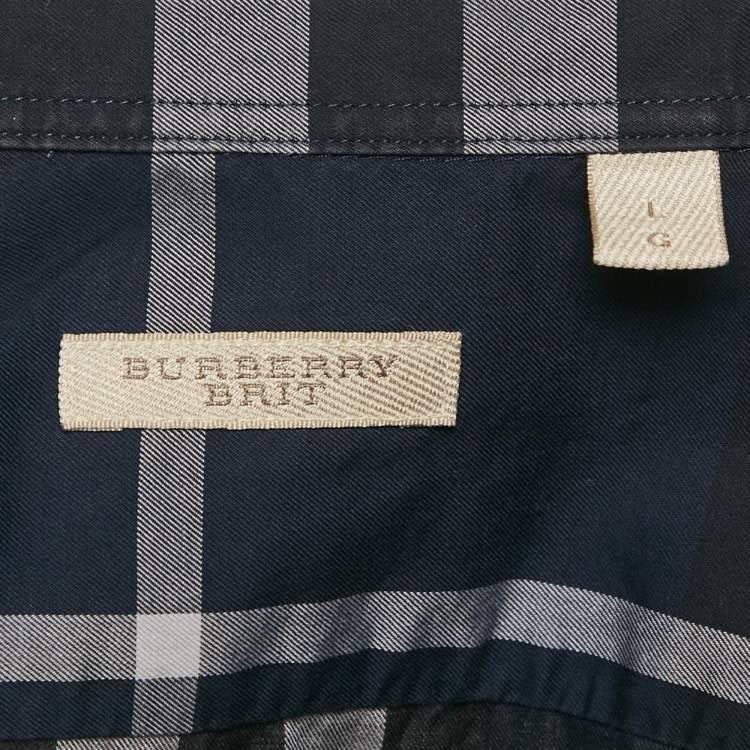 Pre Owned Burberry Navy Blue Plaid Cotton Button Down Shirt L