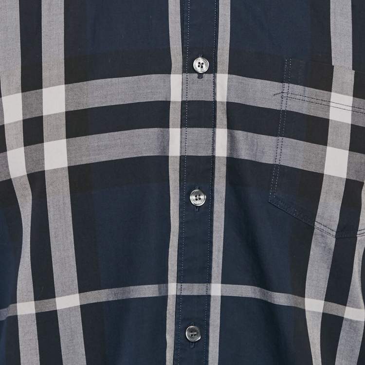 Pre Owned Burberry Navy Blue Plaid Cotton Button Down Shirt L