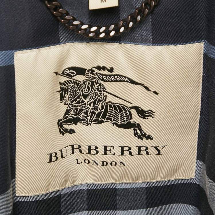 Pre Owned Burberry Navy Blue Cotton & Black Leather Zip Front Jacket M
