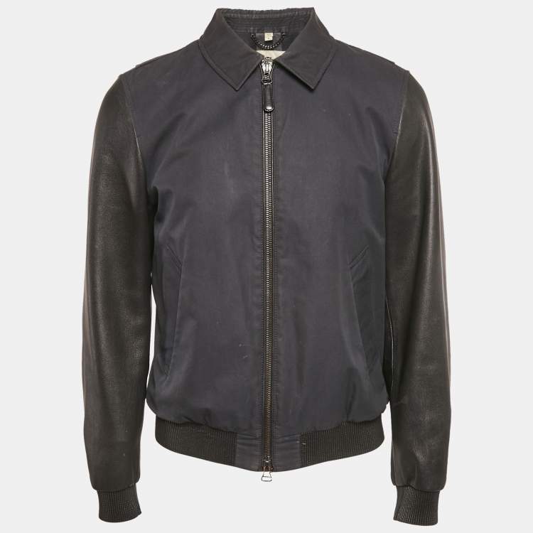 Pre Owned Burberry Navy Blue Cotton & Black Leather Zip Front Jacket M