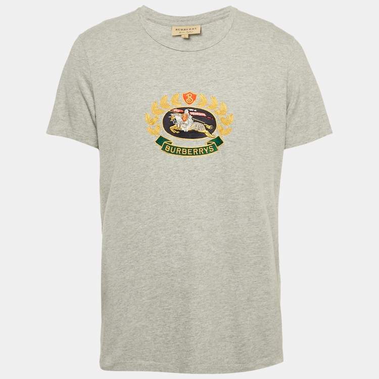 Pre Owned Burberry Grey Logo Embroidered Jersey T-Shirt L