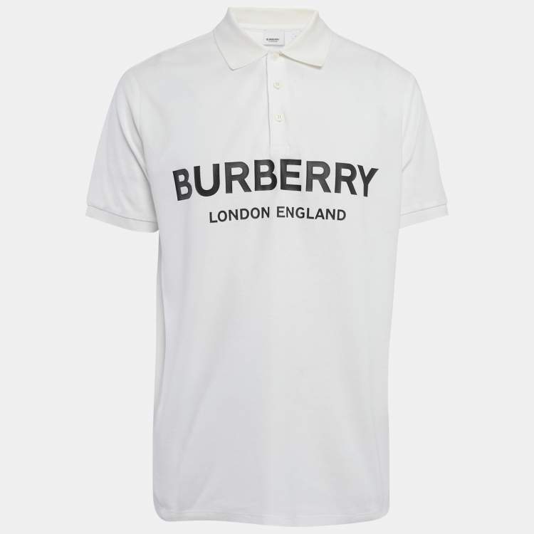 Pre Owned Burberry White Logo Print Cotton Pique Polo T-Shirt M