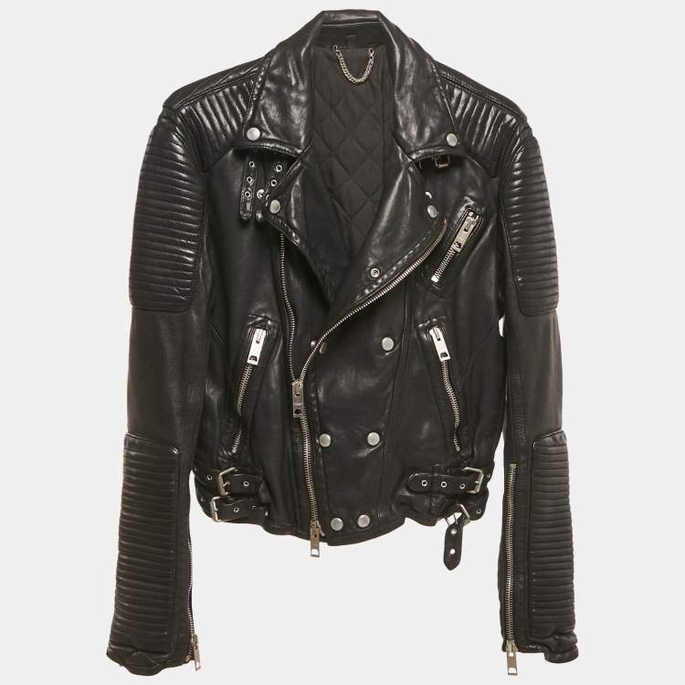 Pre Owned Burberry Black Leather Biker Jacket M