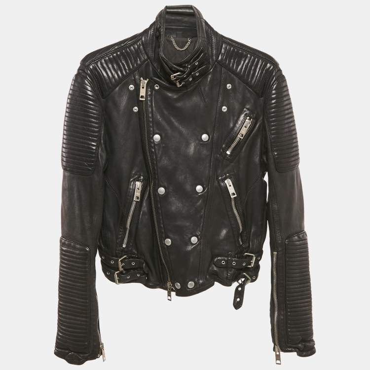 Pre Owned Burberry Black Leather Biker Jacket M