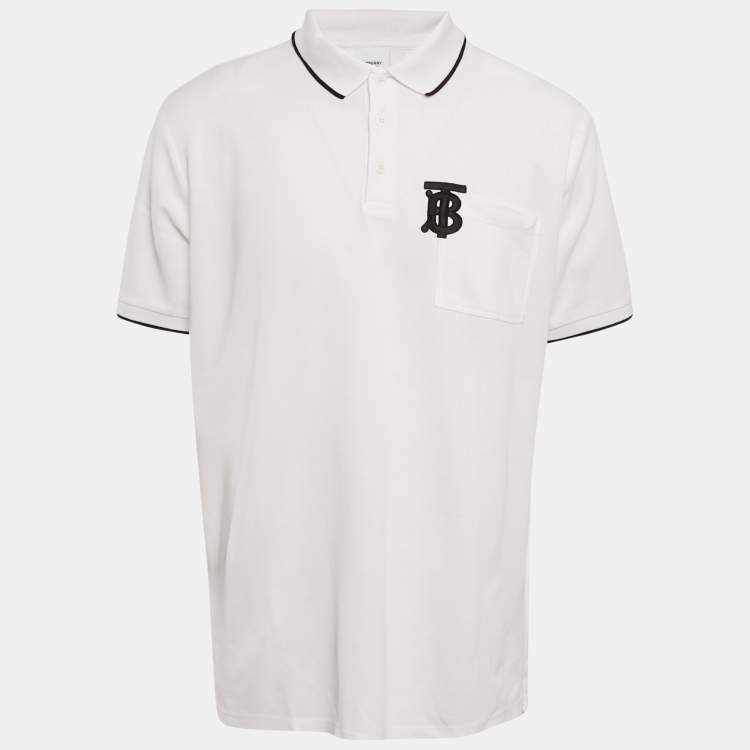 Pre Owned Burberry White Cotton TB Monogram Pique Polo T-Shirt L