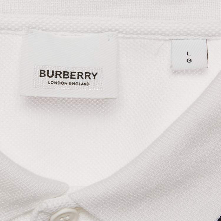 Pre Owned Burberry White Cotton TB Monogram Pique Polo T-Shirt L