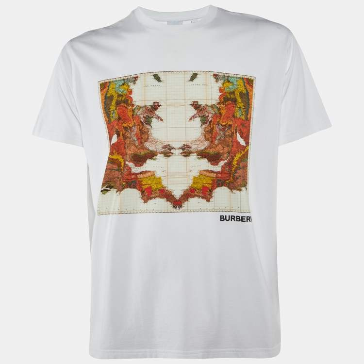 Pre Owned Burberry White Varvey Map Print Cotton Crew Neck T-Shirt XS