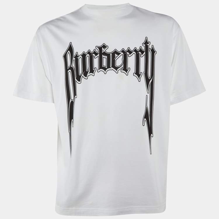Pre Owned Burberry Off White/Black Printed Cotton Crew Neck T Shirt XS