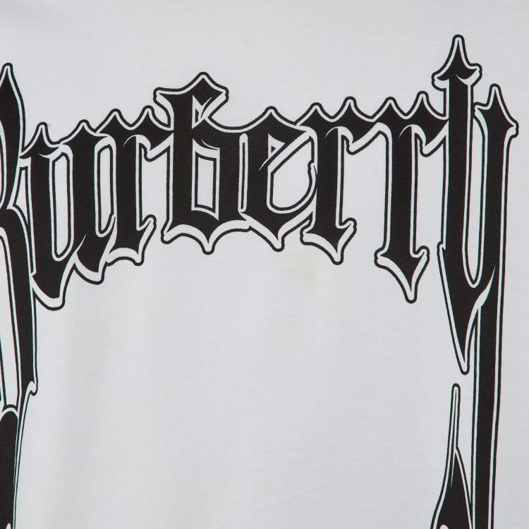 Pre Owned Burberry Off White/Black Printed Cotton Crew Neck T Shirt XS