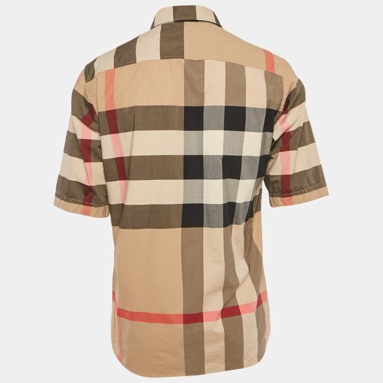 Pre Owned Burberry Beige Checks Print Cotton Short Sleeve Shirt M