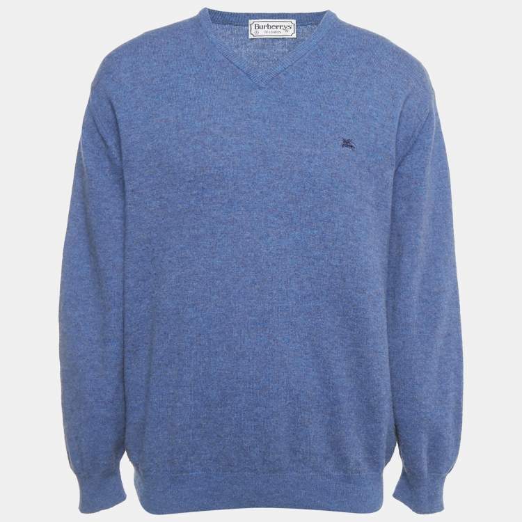 Pre Owned Burberry Blue Wool Knit V-Neck Sweater XL