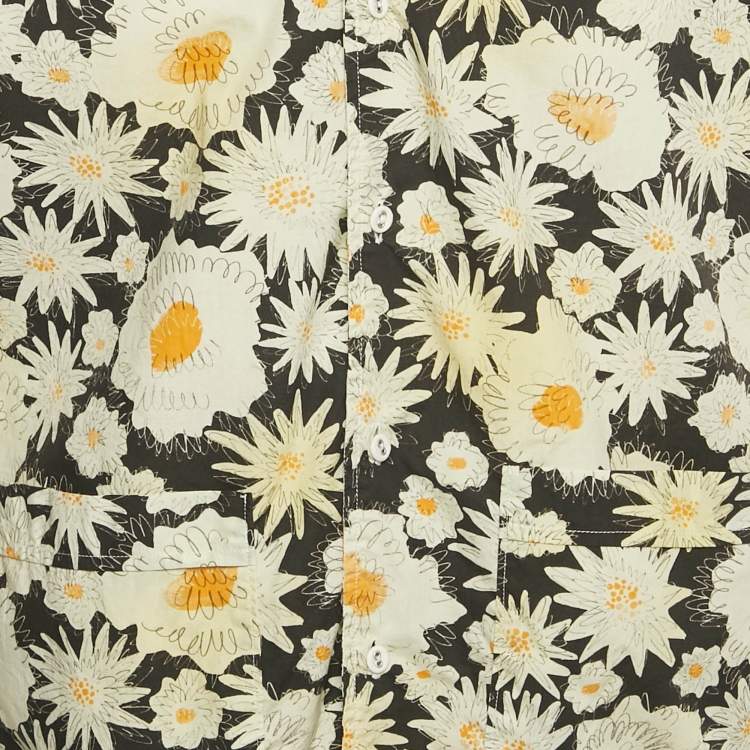 Pre Owned Burberry Black/Cream Floral Print Cotton Short Sleeve Shirt XL