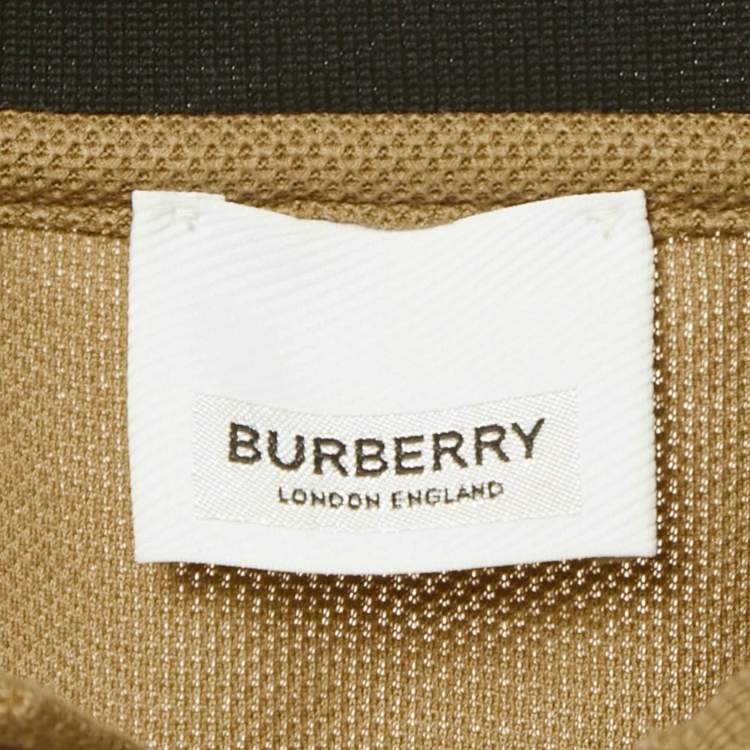 Pre Owned Burberry Brown Striped Logo Trim Cotton Pique Polo T-Shirt L 