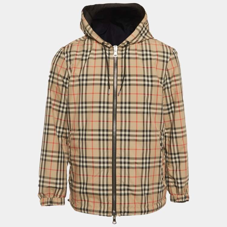 Pre Owned Burberry Black Check Synthetic Reversible Hooded Jacket XS