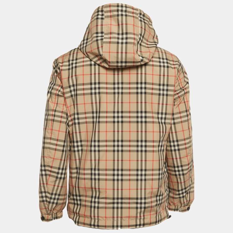 Pre Owned Burberry Black Check Synthetic Reversible Hooded Jacket XS