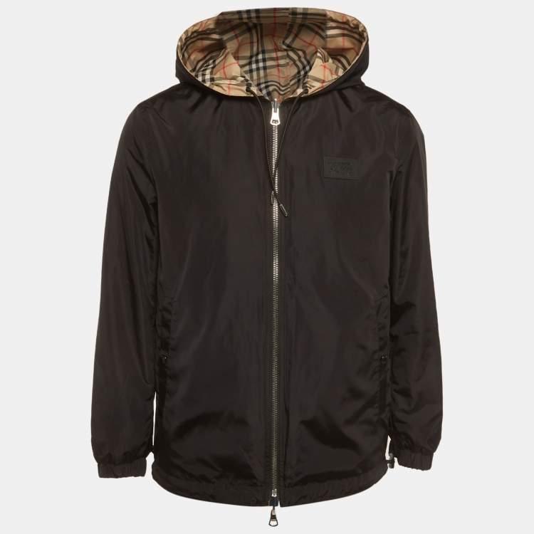 Pre Owned Burberry Black Check Synthetic Reversible Hooded Jacket XS