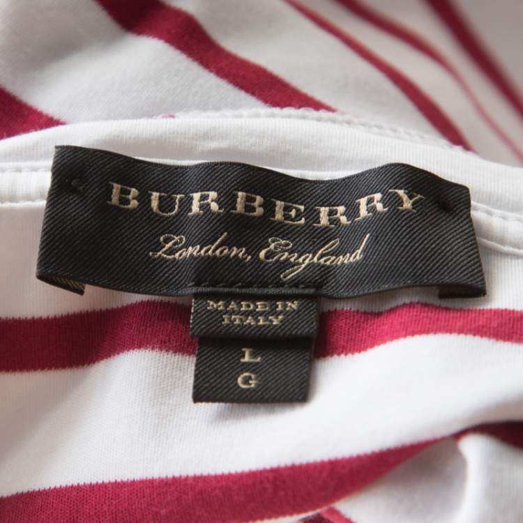 Pre Owned Burberry Red and White Striped Cotton Patch Detail Long Sleeve T Shirt L 
