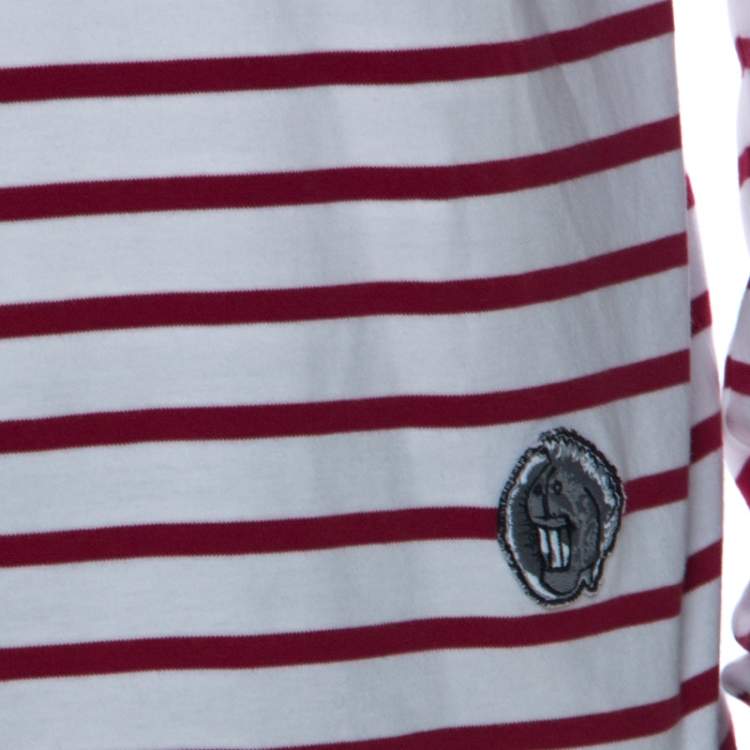 Pre Owned Burberry Red and White Striped Cotton Patch Detail Long Sleeve T Shirt L 