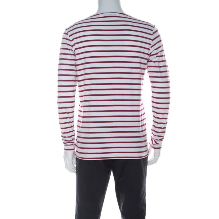 Pre Owned Burberry Red and White Striped Cotton Patch Detail Long Sleeve T Shirt L 