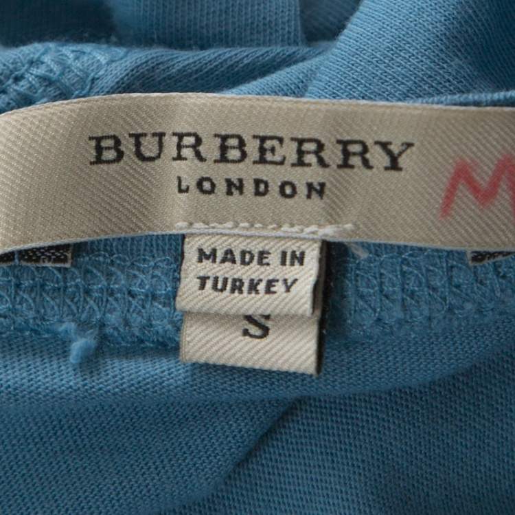 Pre Owned Burberry London Aqua Blue Tonal Print Cotton V Neck T-ShIrt S