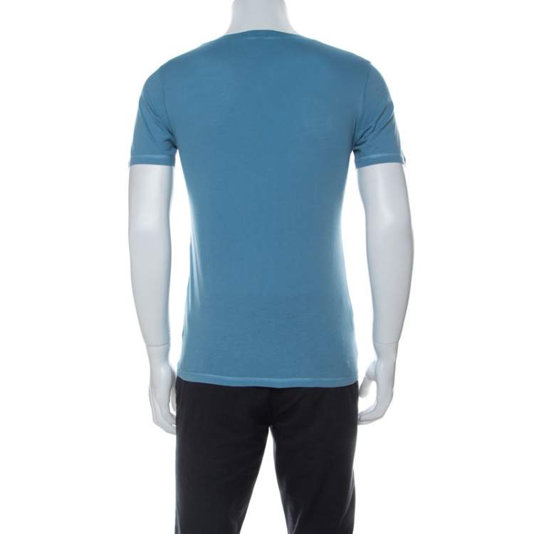 Pre Owned Burberry London Aqua Blue Tonal Print Cotton V Neck T-ShIrt S
