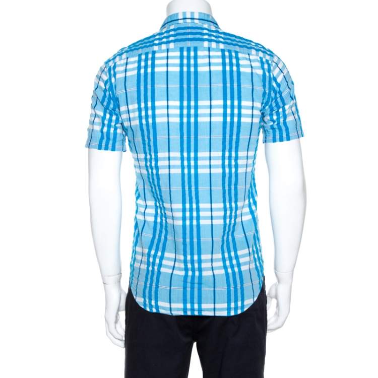 Pre Owned Burberry Brit Blue Textured Check Cotton Short Sleeve Safari Shirt S
