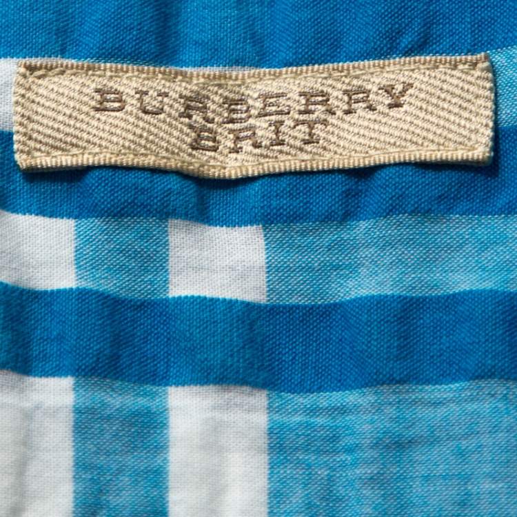 Pre Owned Burberry Brit Blue Textured Check Cotton Short Sleeve Safari Shirt S