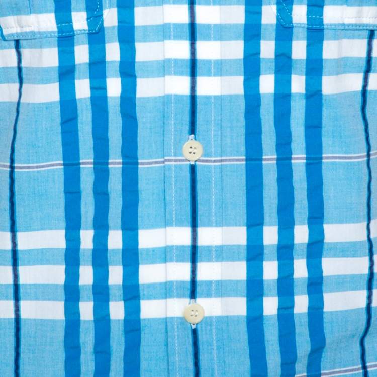 Pre Owned Burberry Brit Blue Textured Check Cotton Short Sleeve Safari Shirt S