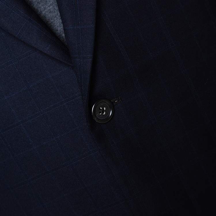Pre Owned Burberry Navy Blue Checked Wool Two Buttoned Tailored Blazer M
