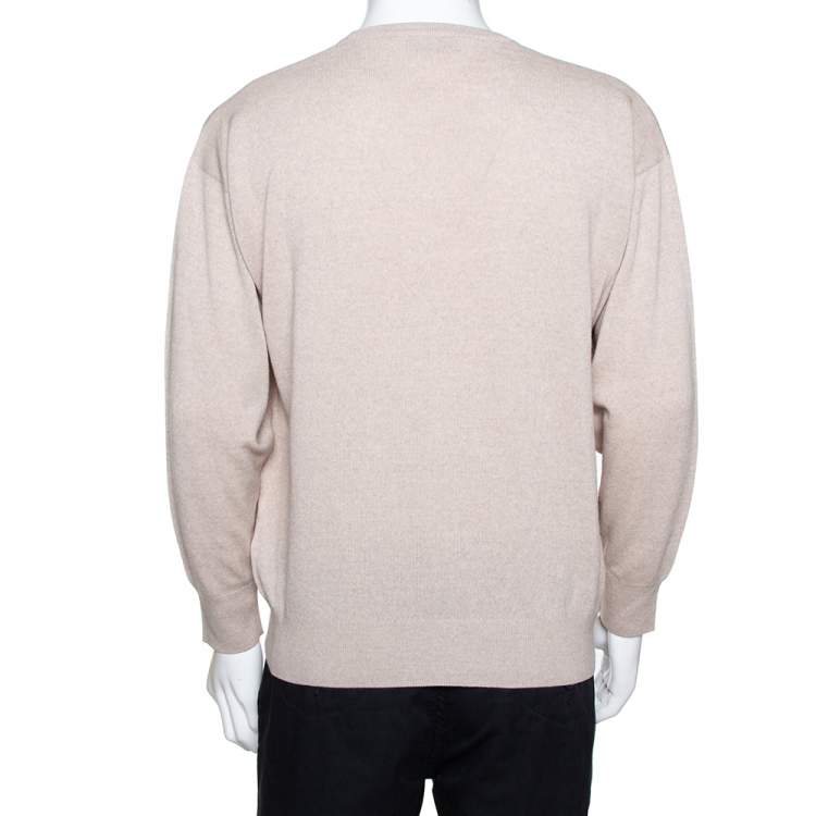 Pre Owned Burberry Vintage Beige Merino Wool V Neck Sweater XL
