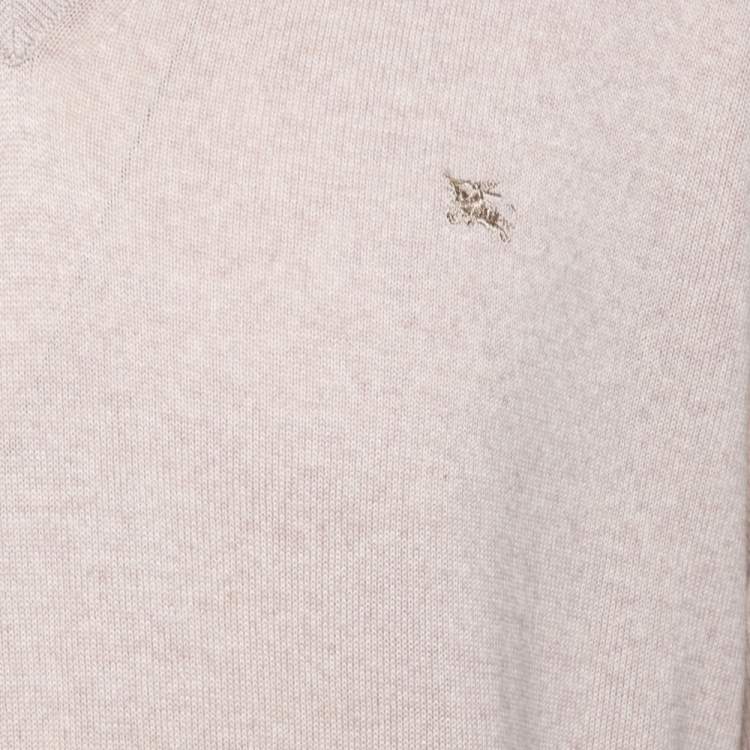 Pre Owned Burberry Vintage Beige Merino Wool V Neck Sweater XL