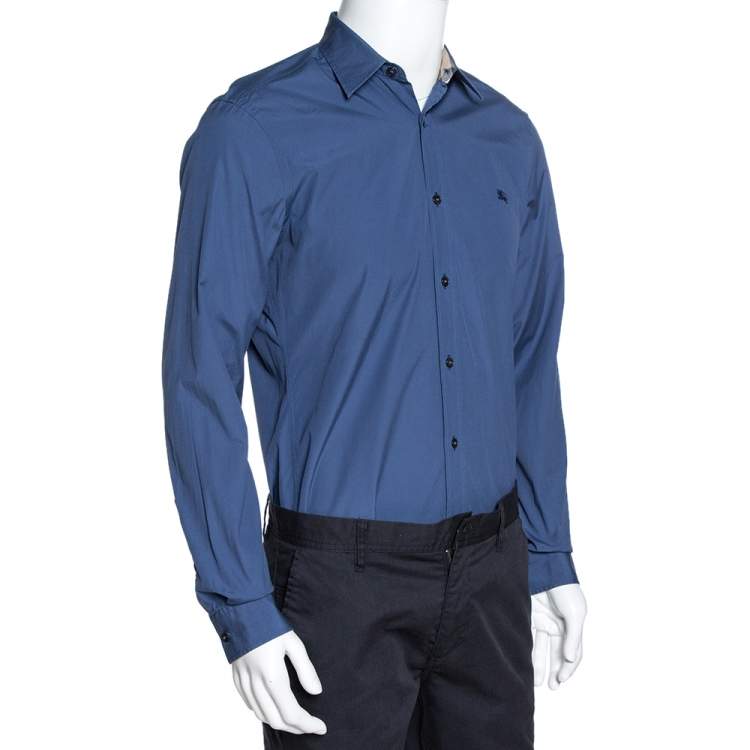 Pre Owned Burberry Brit Aegean Blue Stretch Cotton Button Front Shirt M