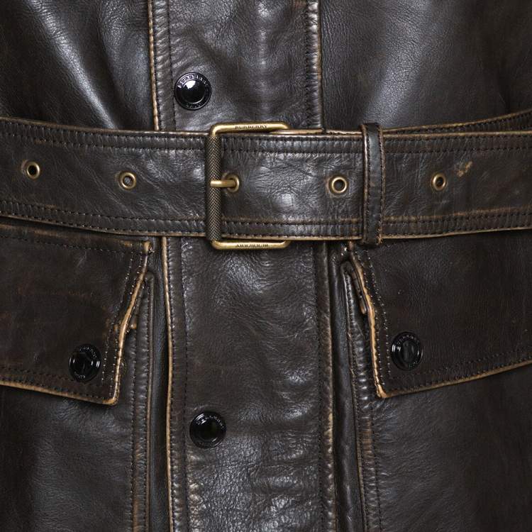 Pre Owned Burberry Brit Brown Leather Belted Jacket L