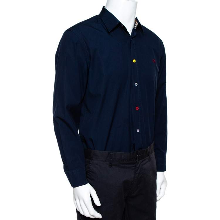 Pre Owned Burberry Navy Blue Cotton Multi Button Long Sleeve Shirt XL